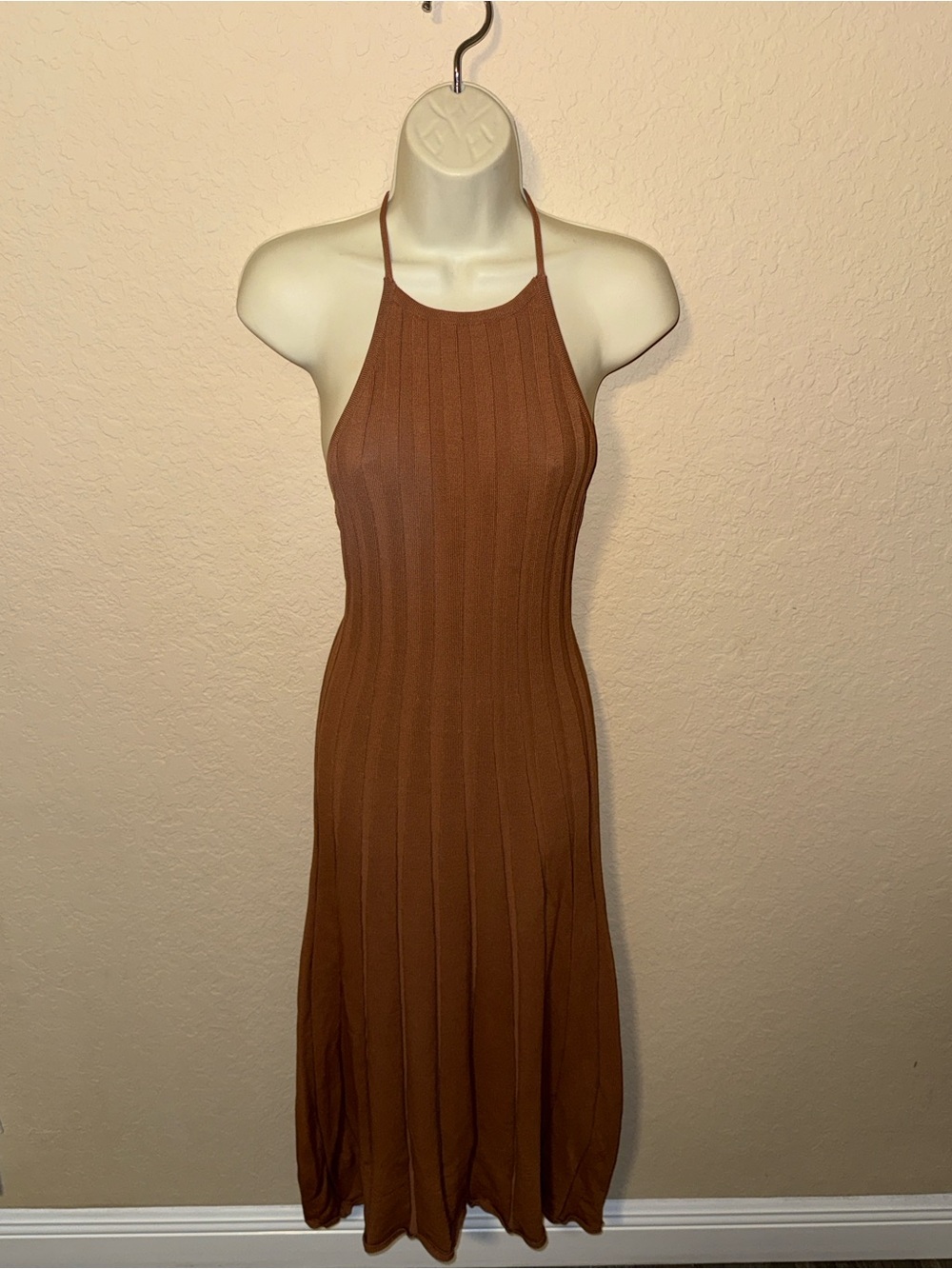 Meshki Rust Brown Ribbed Halter Midi Dress
